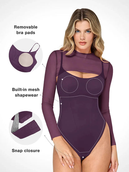 Shapewear Uzun Kollu Örgü Omuz Şekillendirici Bodysuit Set