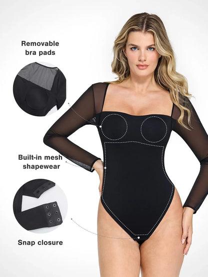 Shapewear File Kollu Kare Yaka Şekillendirici Bodysuit