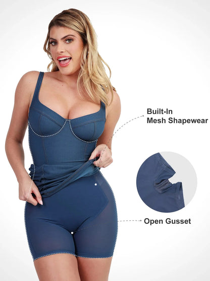 Shapewear Denim Kum Saati Büstiyer Mini Elbise