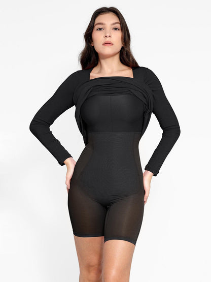 Shapewear Kare Yaka Uzun Kollu İnceltici Modal Maksi Elbise