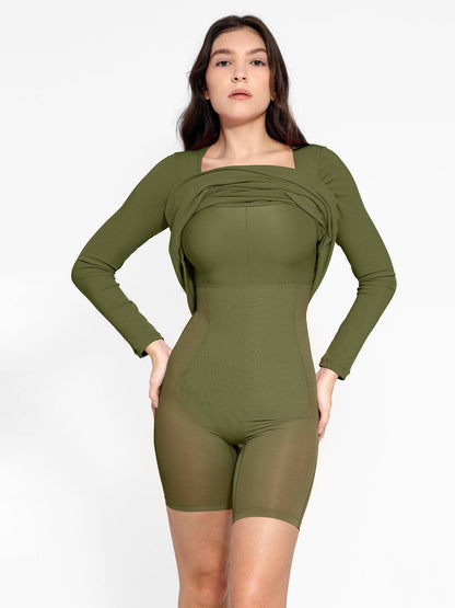 Shapewear Kare Yaka Uzun Kollu İnceltici Modal Maksi Elbise