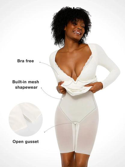 Shapewear Uzun Kollu Dantel Kesimli Şekillendirici Deniz Kızı Maksi Elbise