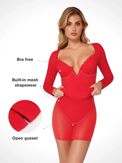 Shapewear Dantel Trim V Yaka Uzun Kollu Bodycon Mini Elbise