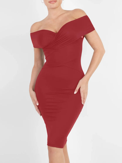 Shapewear Dantelli Omuz Açık Şekillendirici Midi Elbise