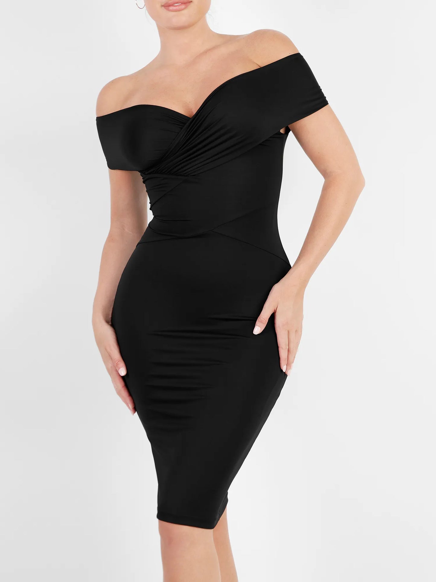 Shapewear Dantelli Omuz Açık Şekillendirici Midi Elbise