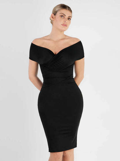 Shapewear Dantelli Omuz Açık Şekillendirici Midi Elbise