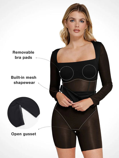 Shapewear Uzun Kollu File İçli Bodycon Midi Elbise