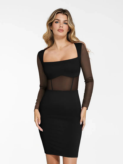 Shapewear Uzun Kollu File İçli Bodycon Midi Elbise