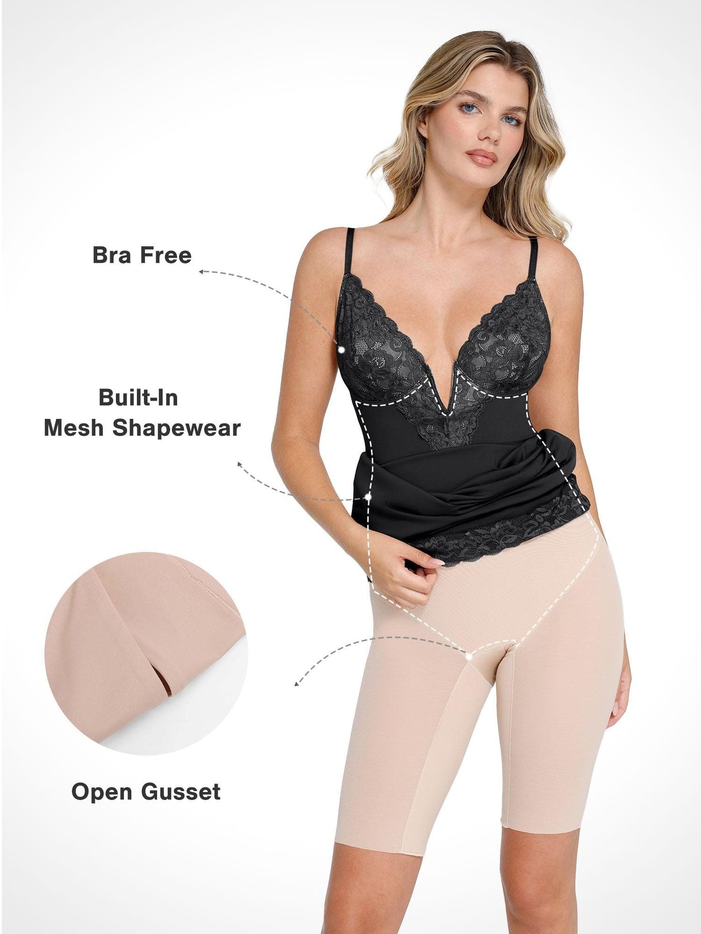 Shapewear Gömme Şekillendirici Dantel Trim Midi Slip Elbise