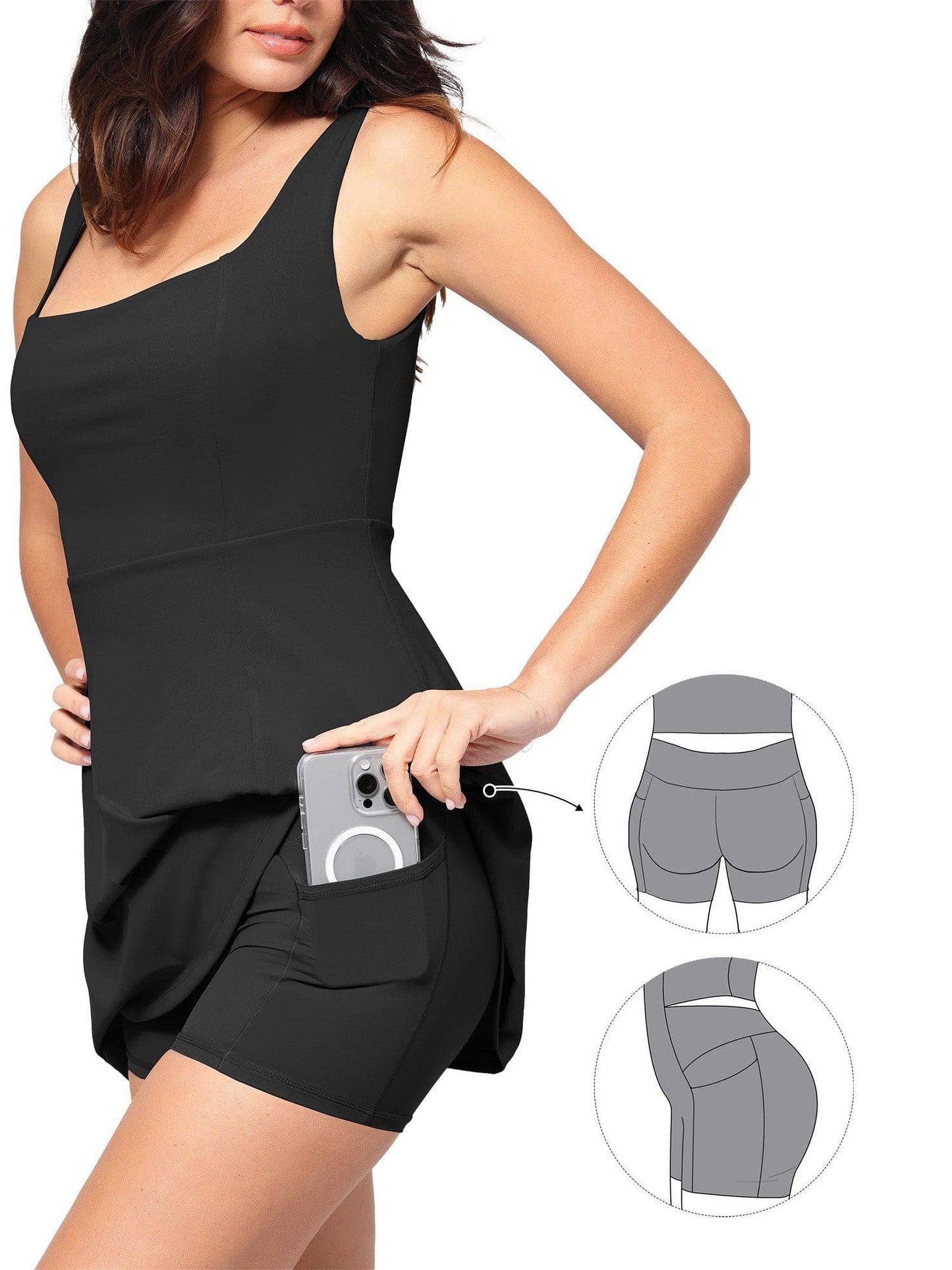 Shapewear Evcil Hayvan Tüyüne Dayanıklı Kare Yaka Egzersiz Elbisesi