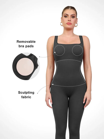 Shapewear Kare Yaka Dikişsiz Kolsuz Egzersiz Tulumu