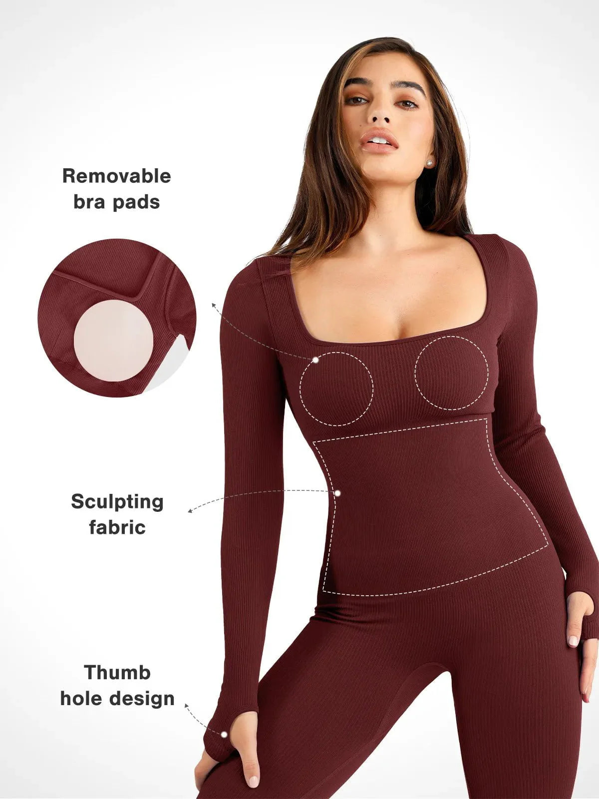 Shapewear Uzun Kollu Dikişsiz Başparmak Delikli Tulum