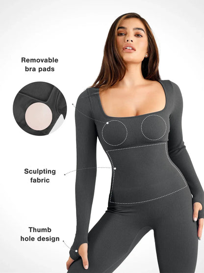 Shapewear Uzun Kollu Dikişsiz Başparmak Delikli Tulum