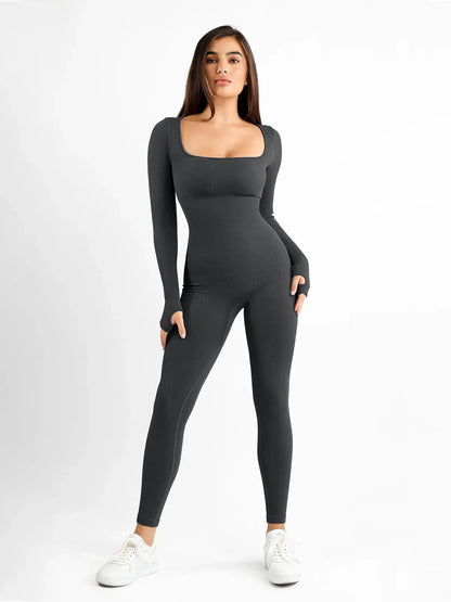 Shapewear Uzun Kollu Dikişsiz Başparmak Delikli Tulum