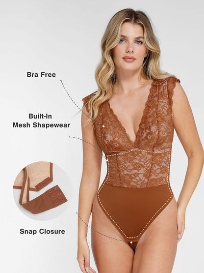 Shapewear V Yaka Kolsuz Şekillendirici Dantel Bodysuit