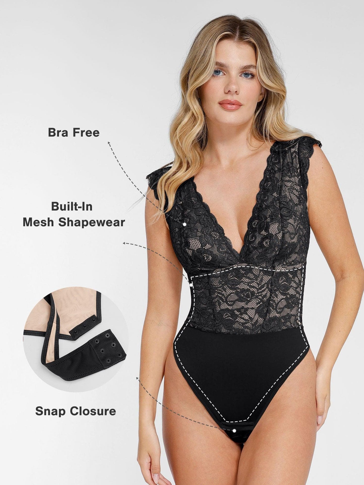 Shapewear V Yaka Kolsuz Şekillendirici Dantel Bodysuit