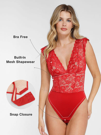 Shapewear V Yaka Kolsuz Şekillendirici Dantel Bodysuit