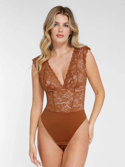 Shapewear V Yaka Kolsuz Şekillendirici Dantel Bodysuit