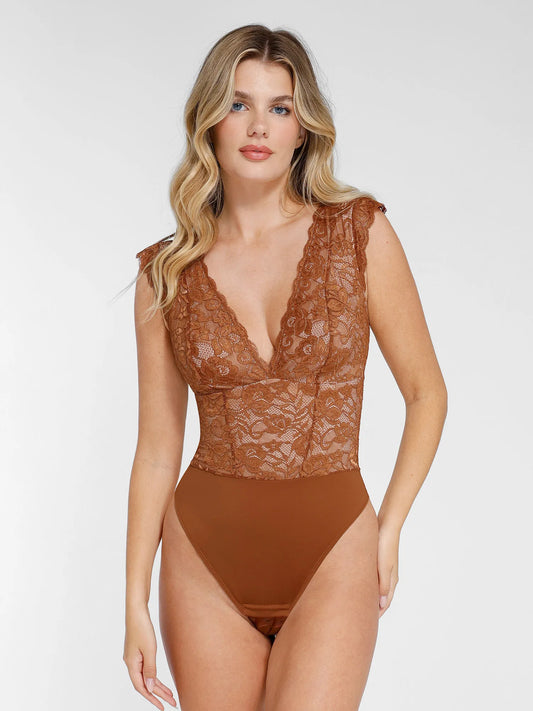 Shapewear V Yaka Kolsuz Şekillendirici Dantel Bodysuit