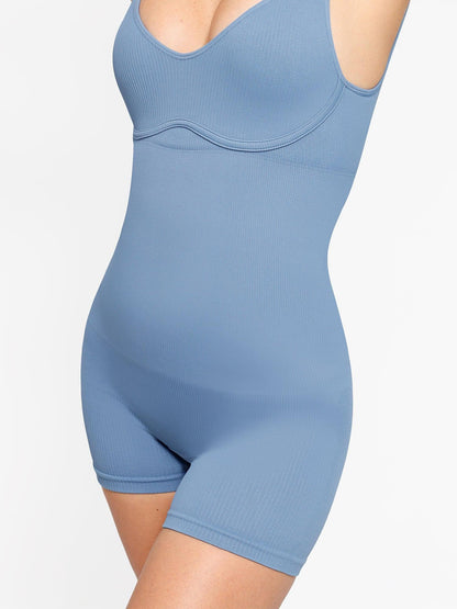 Shapewear Romper Dikişsiz Nervürlü V Yaka