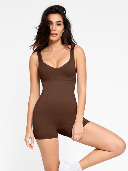 Dikişsiz Nervürlü V Yaka Shapewear Romper