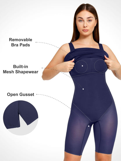 Shapewear Kolsuz Kare Yaka Şekillendirici Midi İş Elbisesi